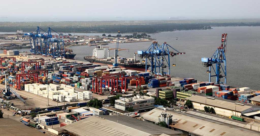 Container terminal with gantry cranes at an African port